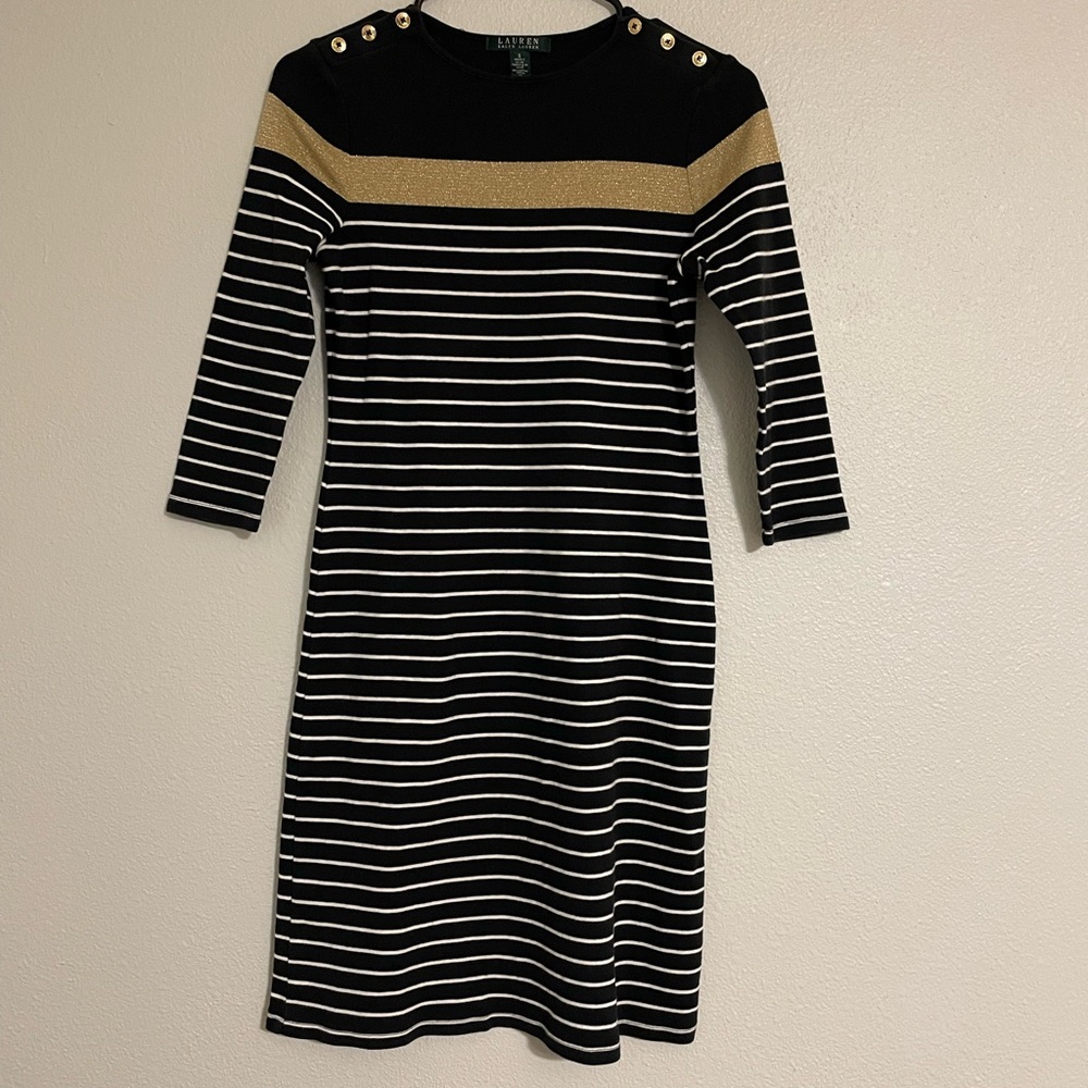 Lauren Ralph Lauren Knit Black and Gold Striped Long Sleeve Dress